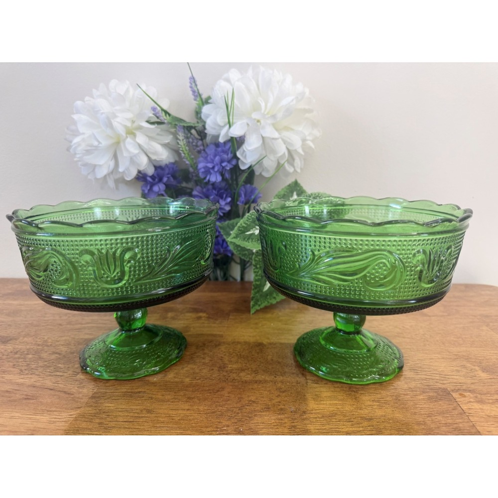 Vintage E.O. Brody Co. Green Glass Pedestal Compote Bowls Pressed Floral Pattern